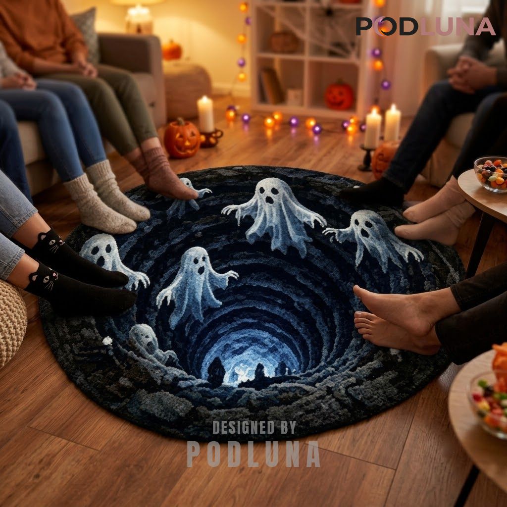 Halloween 3D Rug Floating Ghosts Deep Blue Tunnel Illusion 2 Halloween 3D Rug Floating Ghosts Deep Blue Tunnel Illusion 2