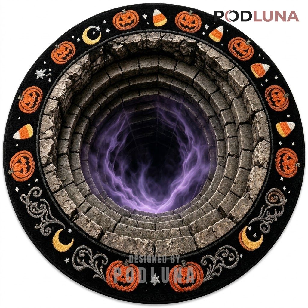 Halloween 3D Rug Purple Mist Stone Well Pumpkin Border 1
