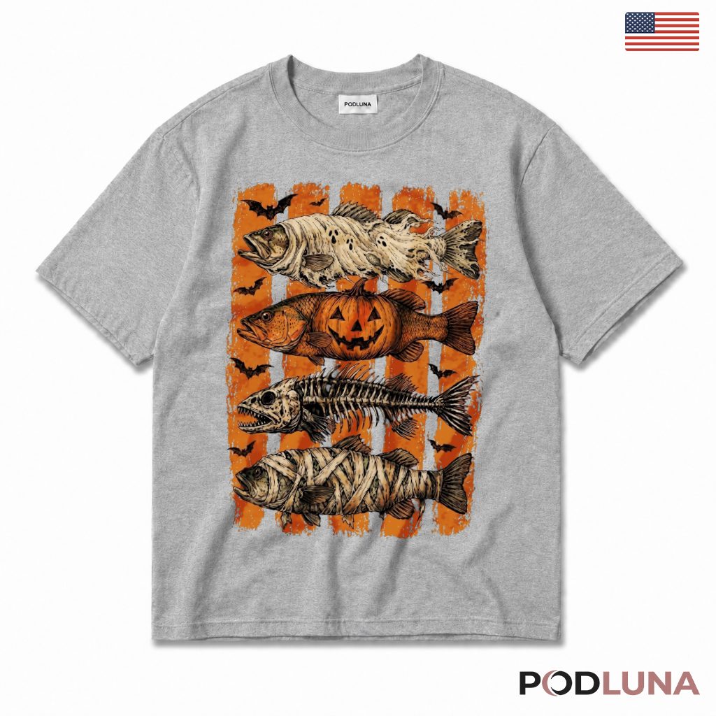 Halloween Fish T-Shirt Spooky Skeleton Pumpkin Costume