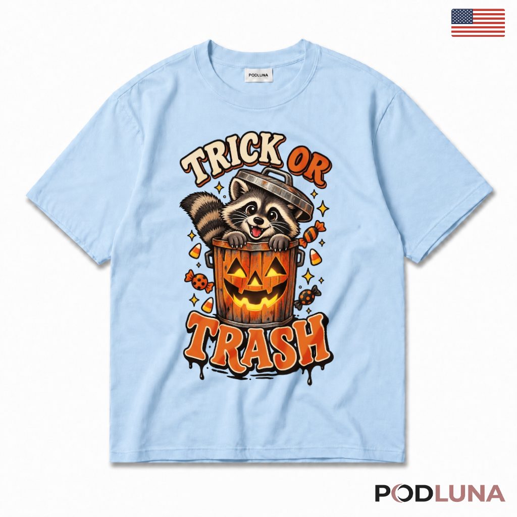 Halloween Raccoon T-Shirt Spooky Trash Can Candy Pumpkin