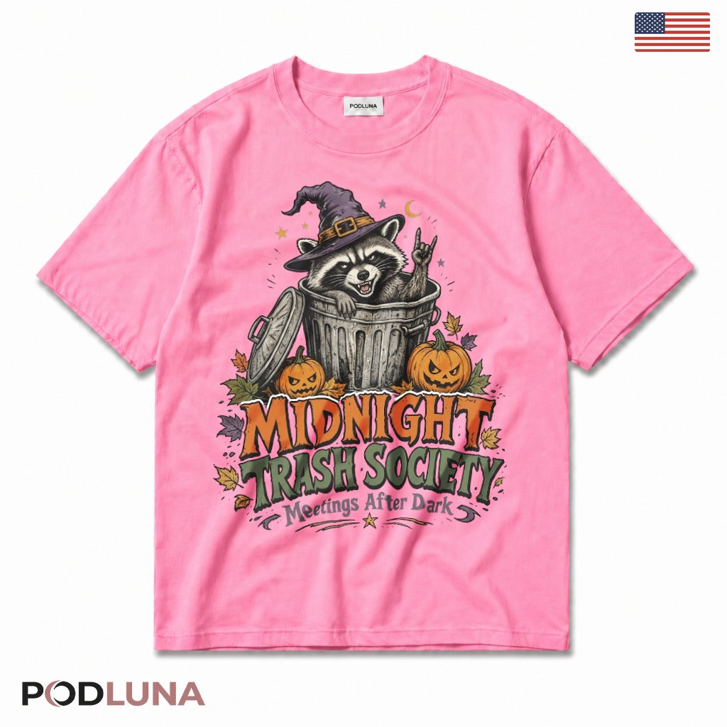Halloween Raccoon T-Shirt Spooky Trash Can Witch Hat