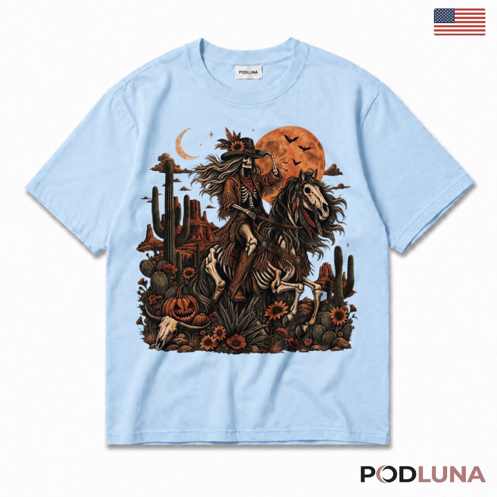 Halloween Skeleton Cowgirl T-Shirt Western Horse Spooky