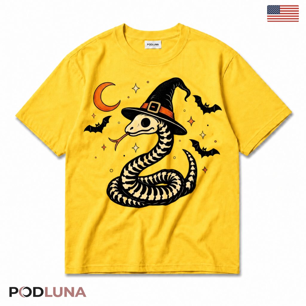 Halloween Snake T-Shirt Spooky Skeleton Witch Hat Reptile