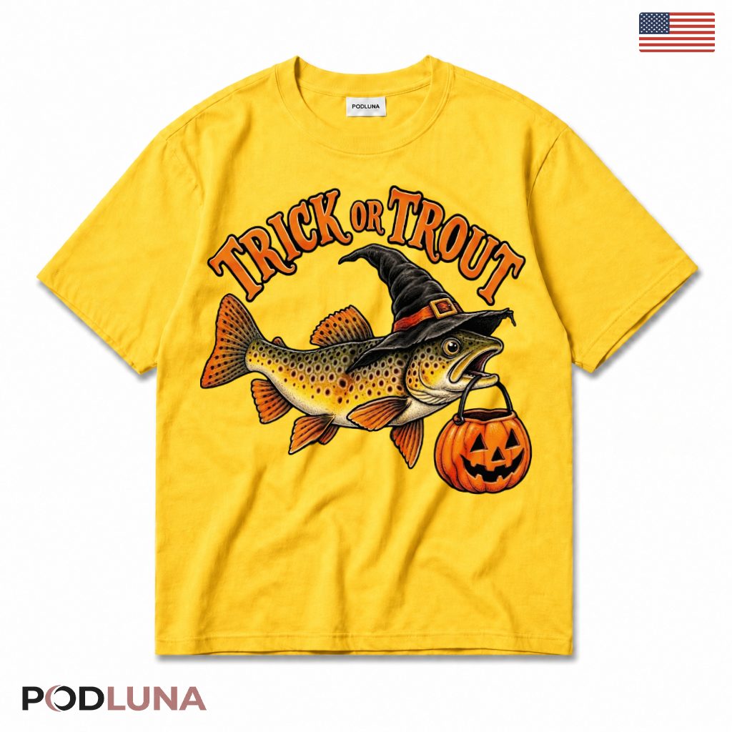 Halloween Trout Fish T-Shirt Witch Hat Pumpkin