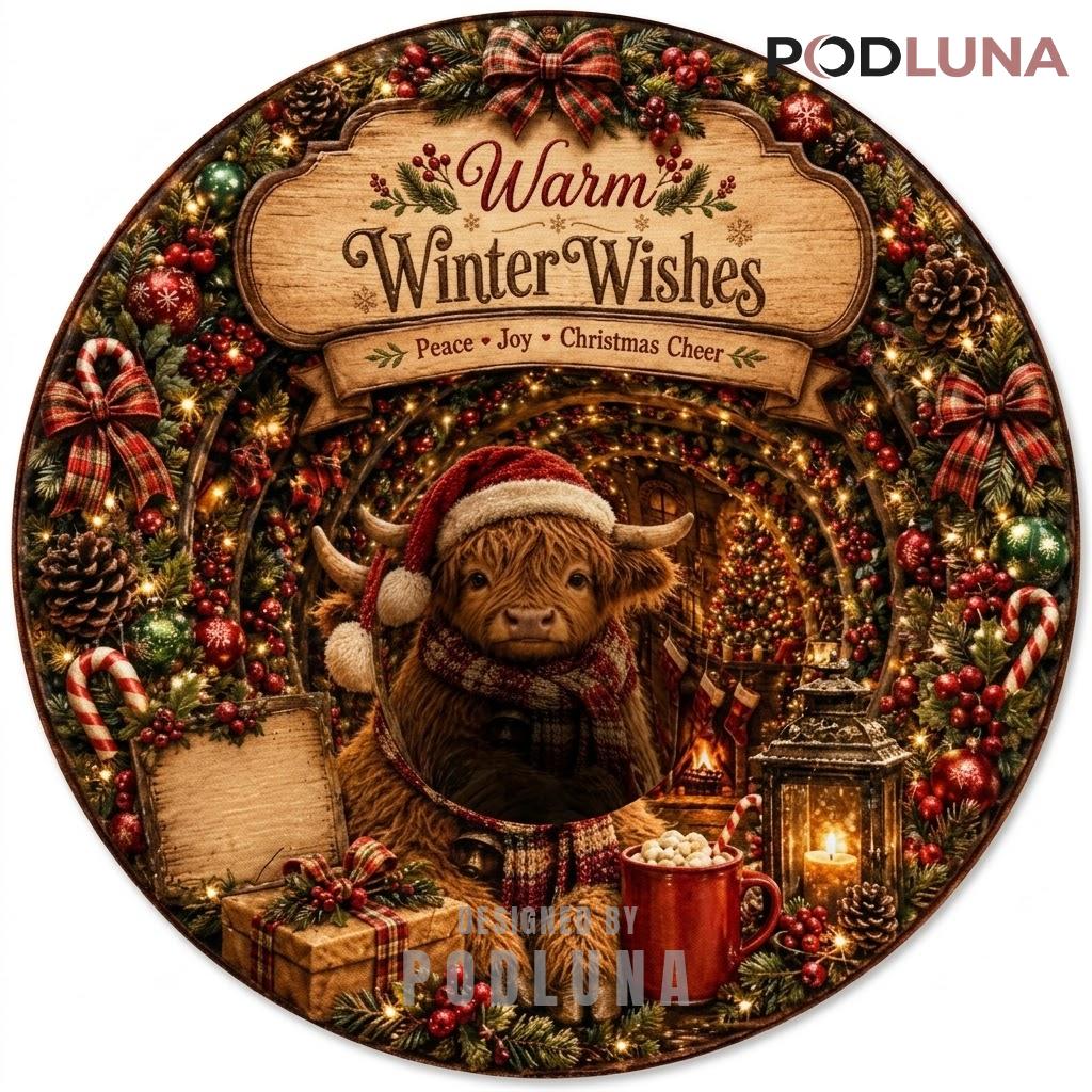 Highland Cow 3D Christmas Rug Cocoa Lantern Fireside Wreath