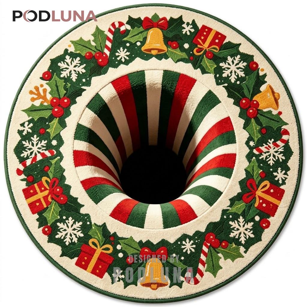 Holly Berry 3D Christmas Rug Bell Striped Sinkhole Wreath