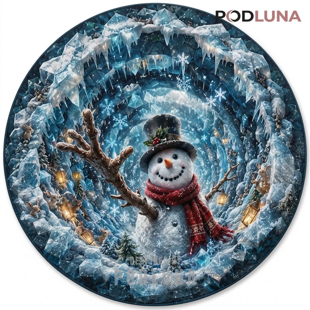 Icy Snowman 3D Christmas Rug Crystal Cave Bunny Vortex