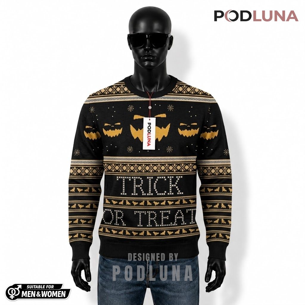 Jack O Lantern Ugly Halloween Sweater Trick Or Treat Face Front
