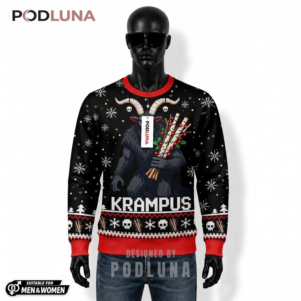 Krampus Ugly Halloween Sweater Birch Sticks Skull Print Front