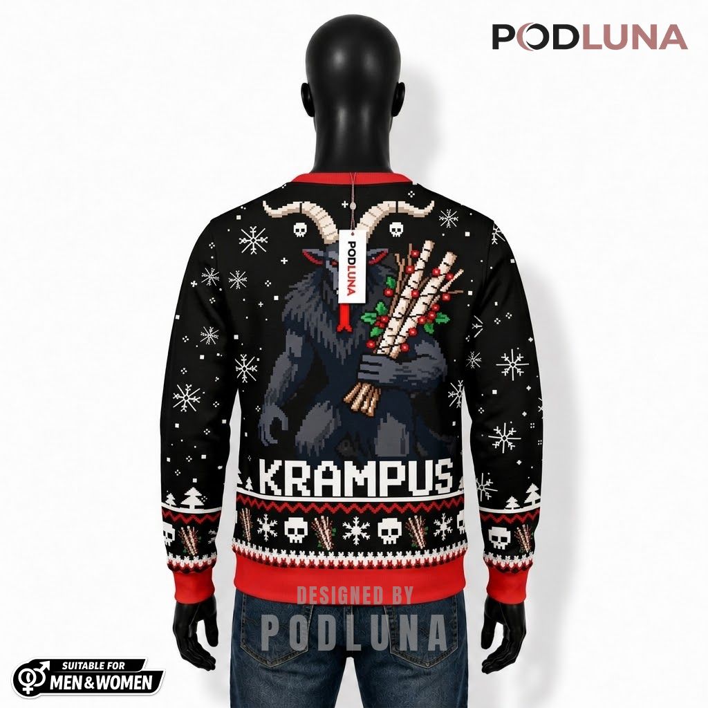 Krampus Ugly Halloween Sweater Birch Sticks Skull Print Back Krampus Ugly Halloween Sweater Birch Sticks Skull Print Back