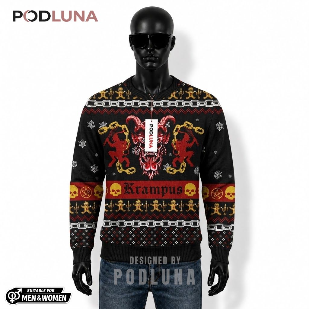 Krampus Ugly Halloween Sweater Skull Chain Red Pentagram Front