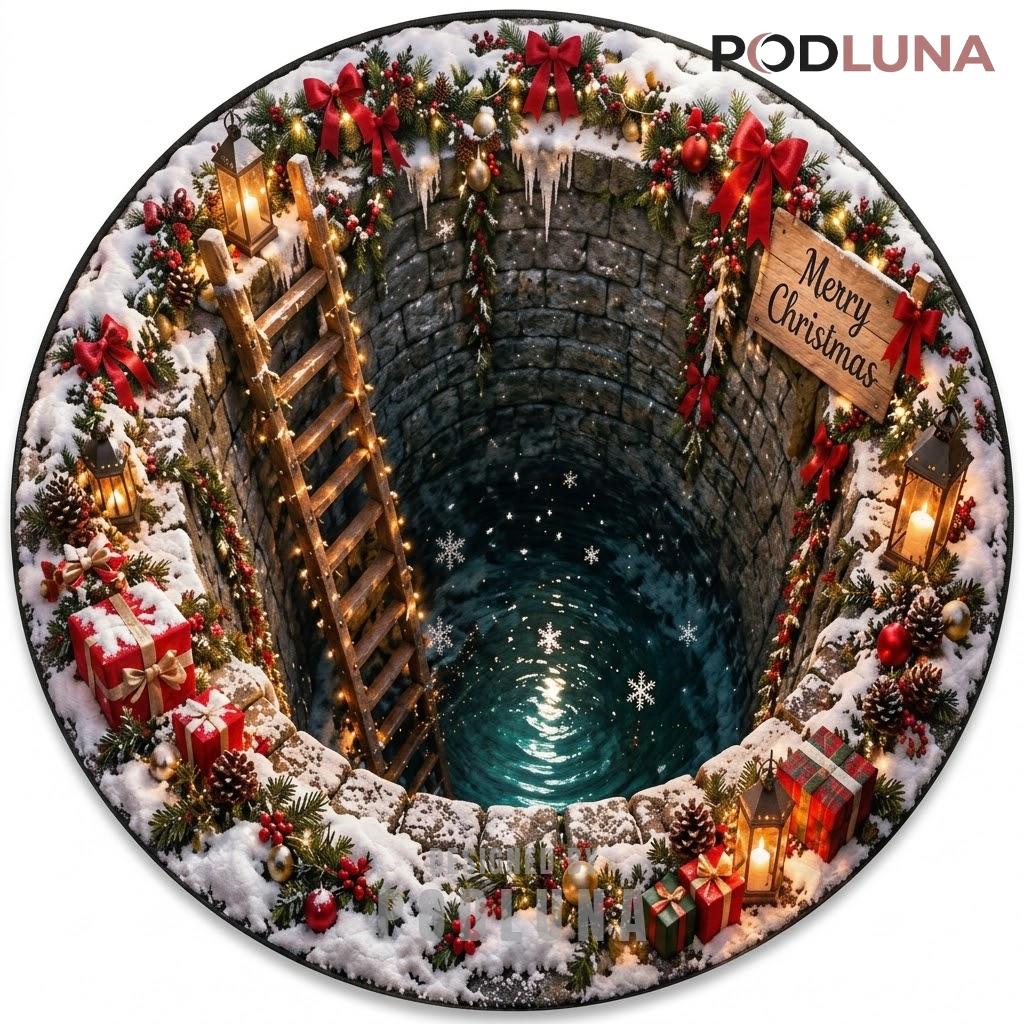 Merry Christmas 3D Christmas Rug Wishing Well Snowy Ladder