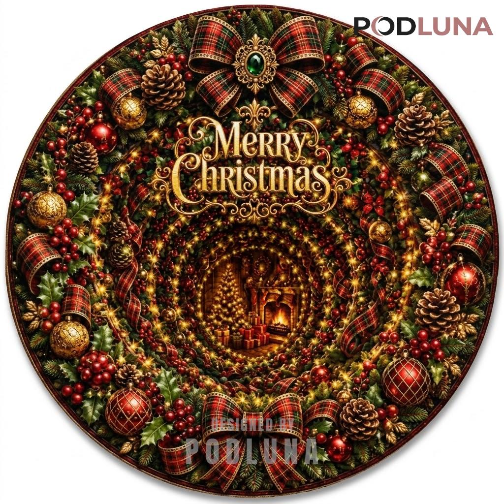 Merry Christmas 3D Rug Plaid Wreath Fireplace Glow