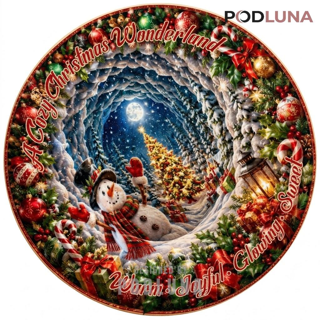 Moonlit Snowman 3D Christmas Rug Forest Tree Tunnel Wonderland
