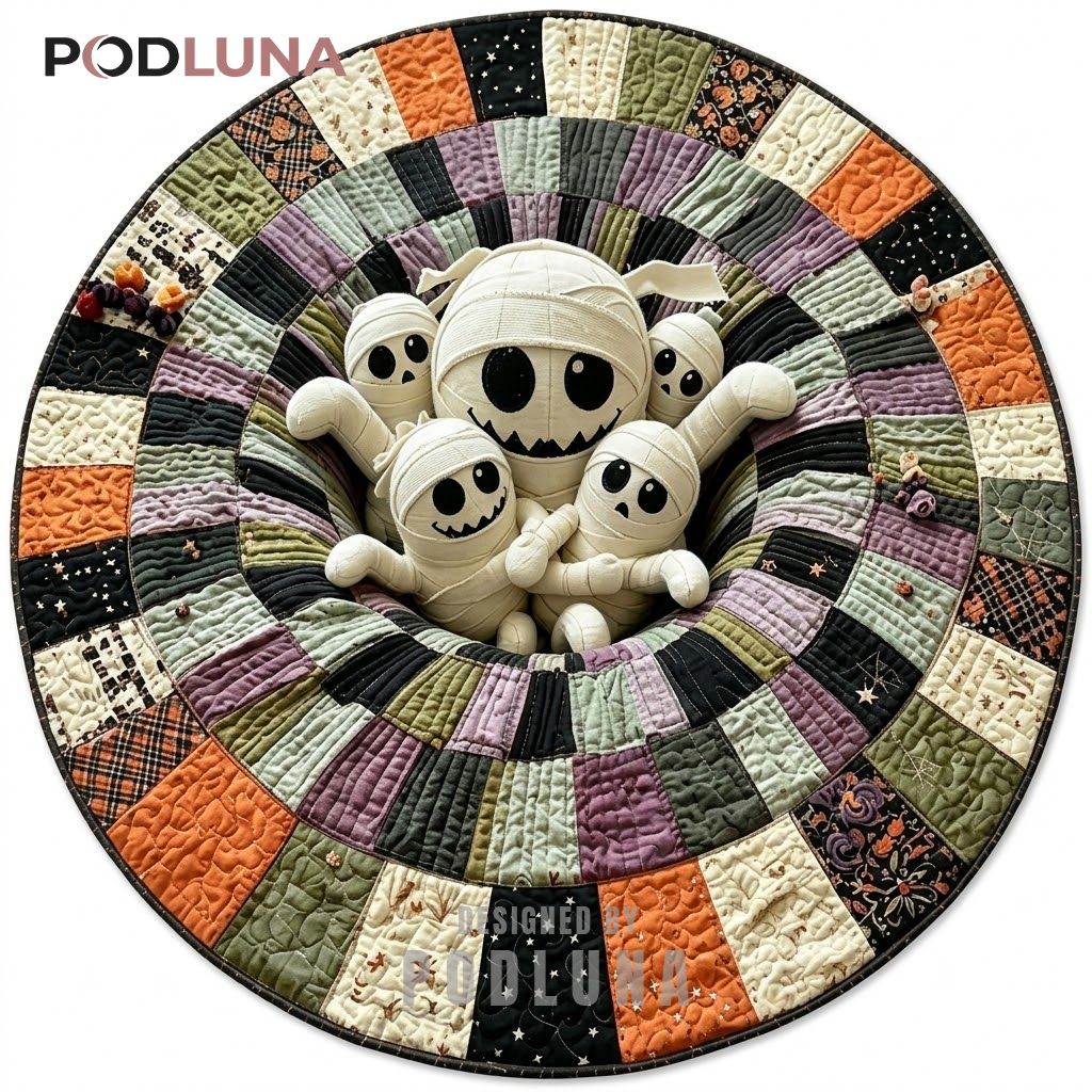 Mummy Halloween 3D Rug Cute Skull Family Patchwork Vortex 1