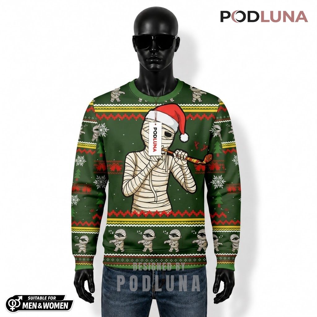 Mummy Ugly Halloween Sweater Smoking Santa Hat Green Pattern Front