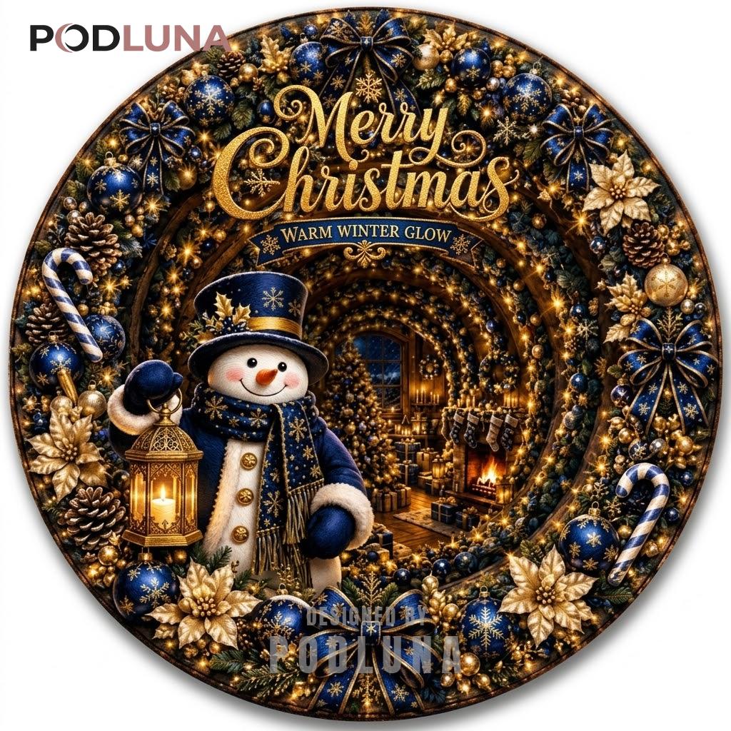 Navy Snowman Christmas 3D Rug Gold Lantern Winter Glow Wreath