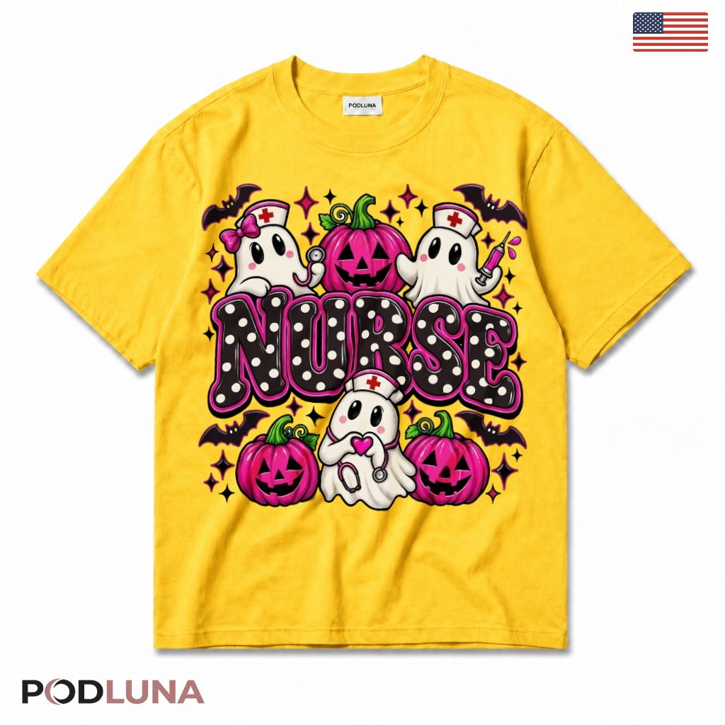 Nurse Halloween Ghost Pumpkin T-Shirt Pink Polka Dot