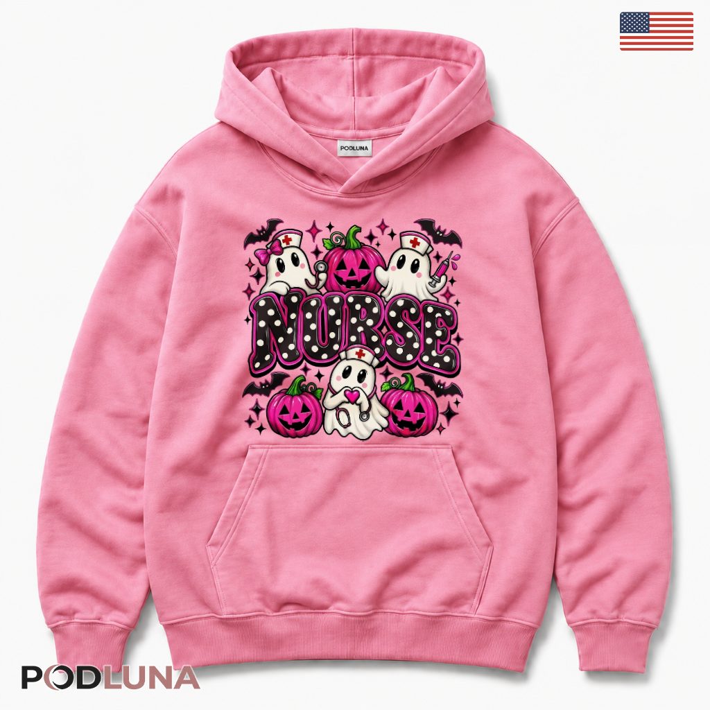 Nurse Halloween Ghost Pumpkin Hoodie Pink Polka Dot Nurse Halloween Ghost Pumpkin Hoodie Pink Polka Dot