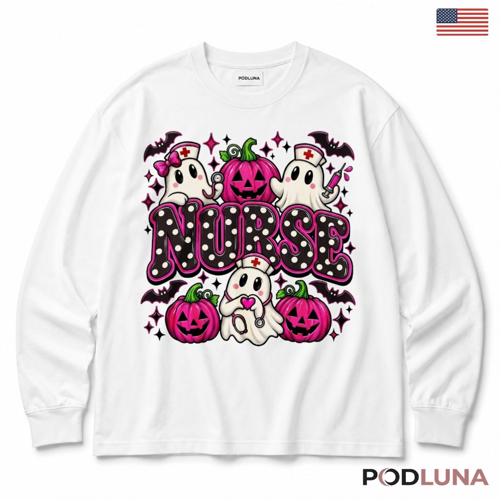 Nurse Halloween Ghost Pumpkin Long Sleeve Pink Polka Dot Nurse Halloween Ghost Pumpkin Long Sleeve Pink Polka Dot