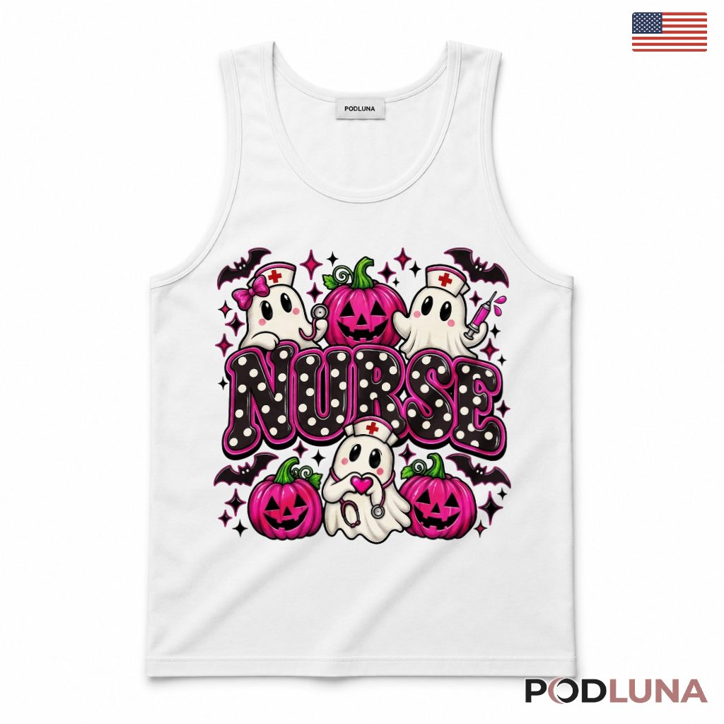 Nurse Halloween Ghost Pumpkin Tank Top Pink Polka Dot Nurse Halloween Ghost Pumpkin Tank Top Pink Polka Dot