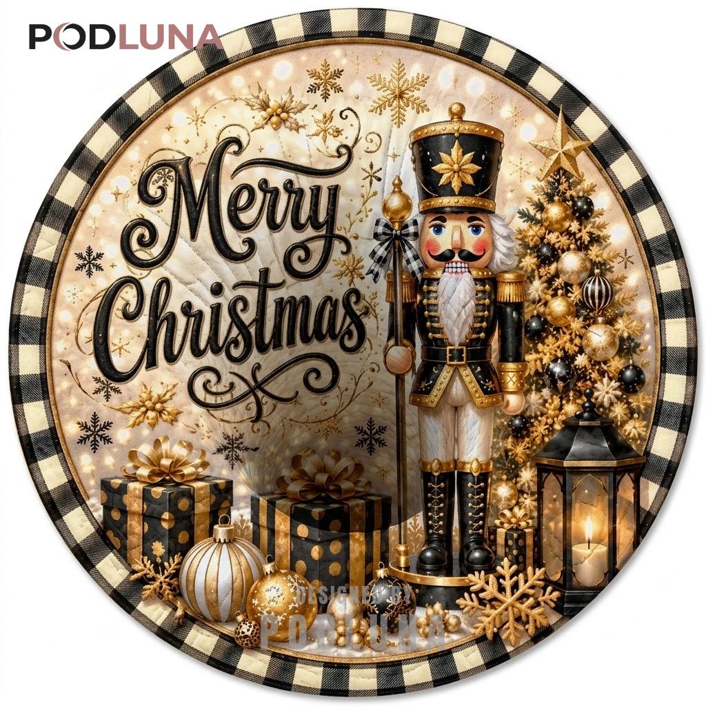 Nutcracker 3D Christmas Rug Buffalo Plaid Gold Ornament
