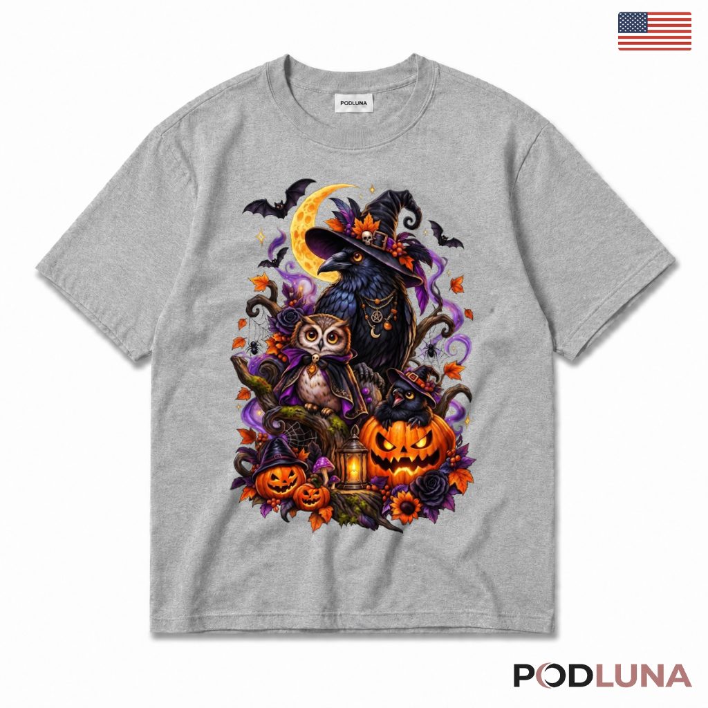 Owl Crow Halloween T-Shirt Witch Spooky Pumpkin Night