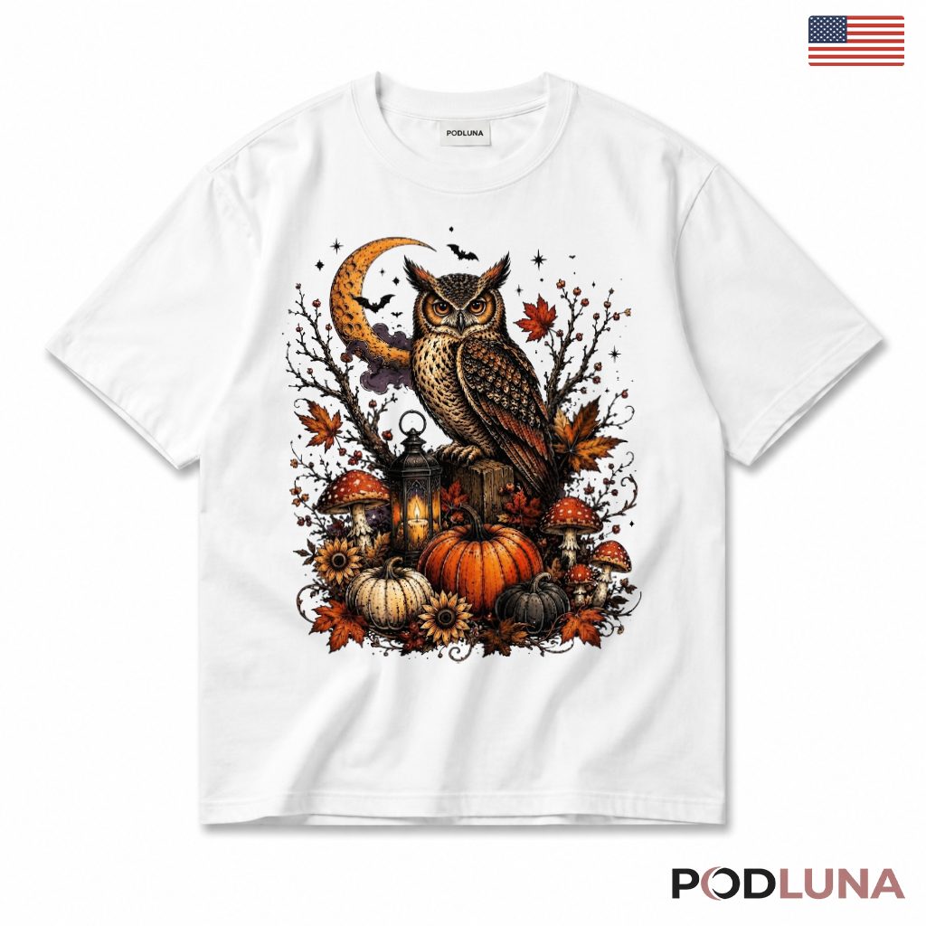 Owl Halloween T-Shirt Vintage Pumpkin Moon Spooky Bird Gift