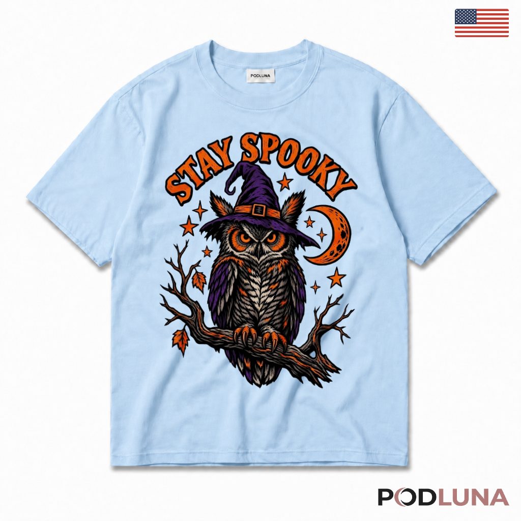 Owl Halloween T-Shirt Witch Hat Spooky Moon Night Bird