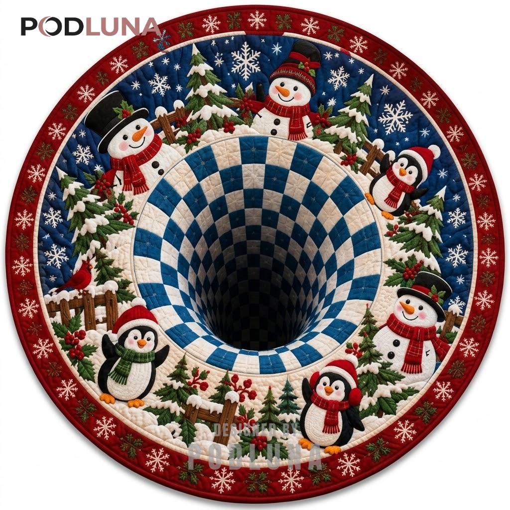 Penguin Snowman 3D Christmas Rug Checkered Vortex Cardinal
