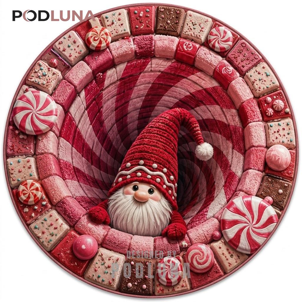 Peppermint Gnome 3D Christmas Rug Candy Tile Swirl Pink