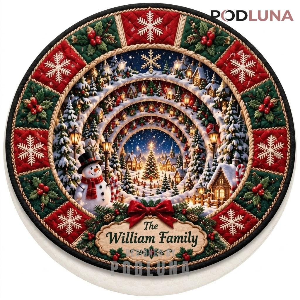 Personalized Family Name 3D Christmas Rug Snowman Village