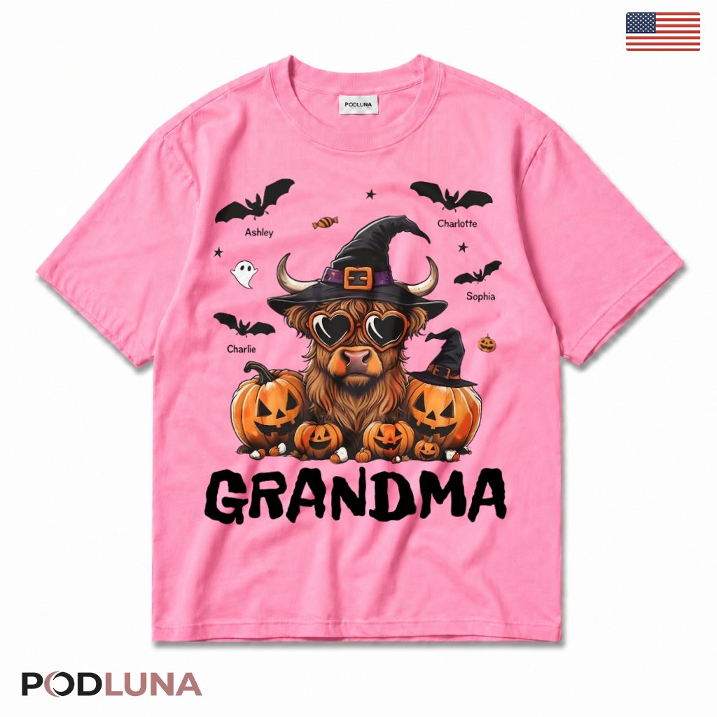 Personalized Halloween Highland Cow Grandma T-Shirt Spooky