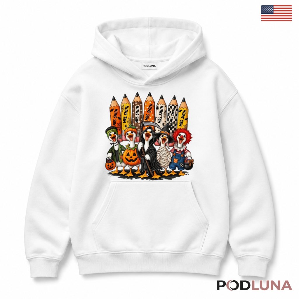 Personalized Teacher Halloween Hoodie Duck Pencil Spooky Personalized Teacher Halloween Hoodie Duck Pencil Spooky