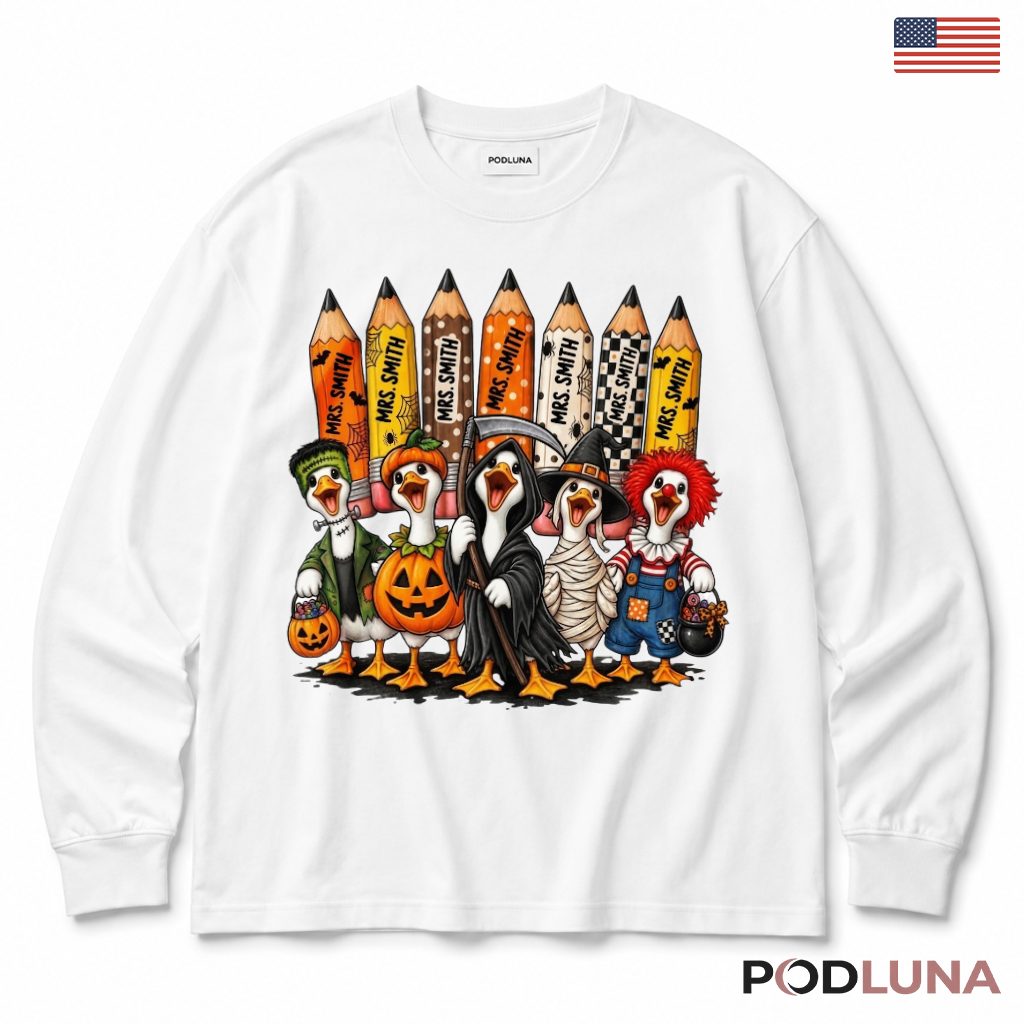 Personalized Teacher Halloween Long Sleeve Duck Pencil Spooky Personalized Teacher Halloween Long Sleeve Duck Pencil Spooky