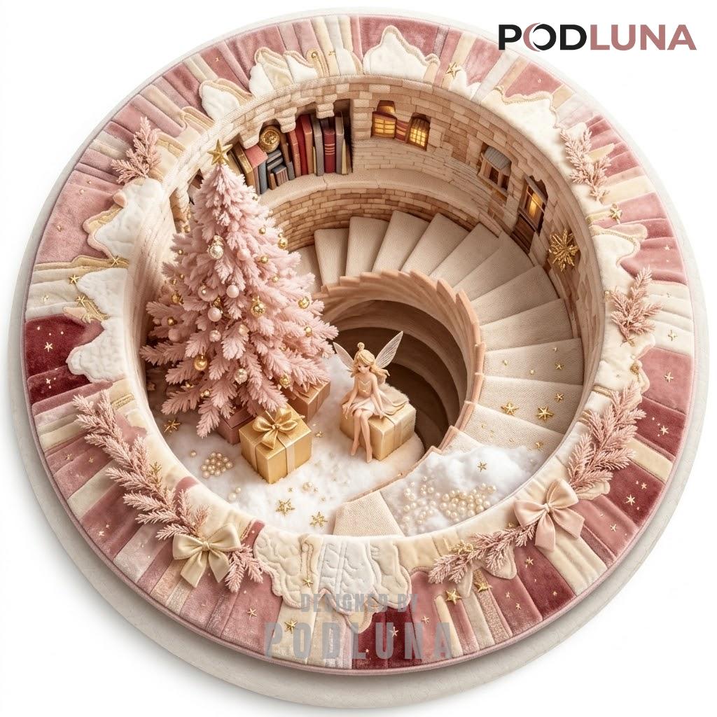 Pink 3D Christmas Rug Fairy Staircase Blush Tunnel