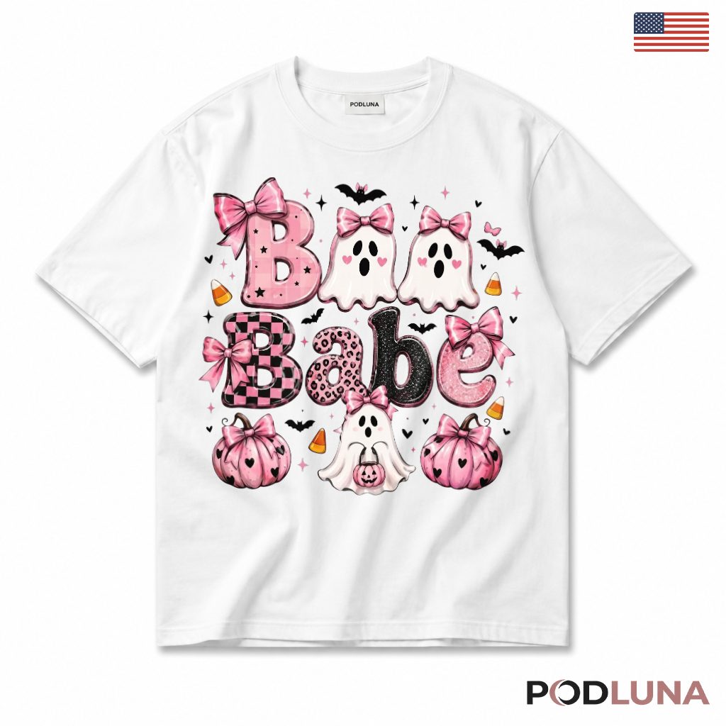 Pink Ghost Halloween T-Shirt Boo Babe Cute Bow Pumpkin