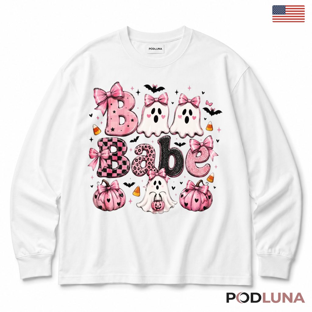 Pink Ghost Halloween Long Sleeve Boo Babe Cute Bow Pumpkin Pink Ghost Halloween Long Sleeve Boo Babe Cute Bow Pumpkin