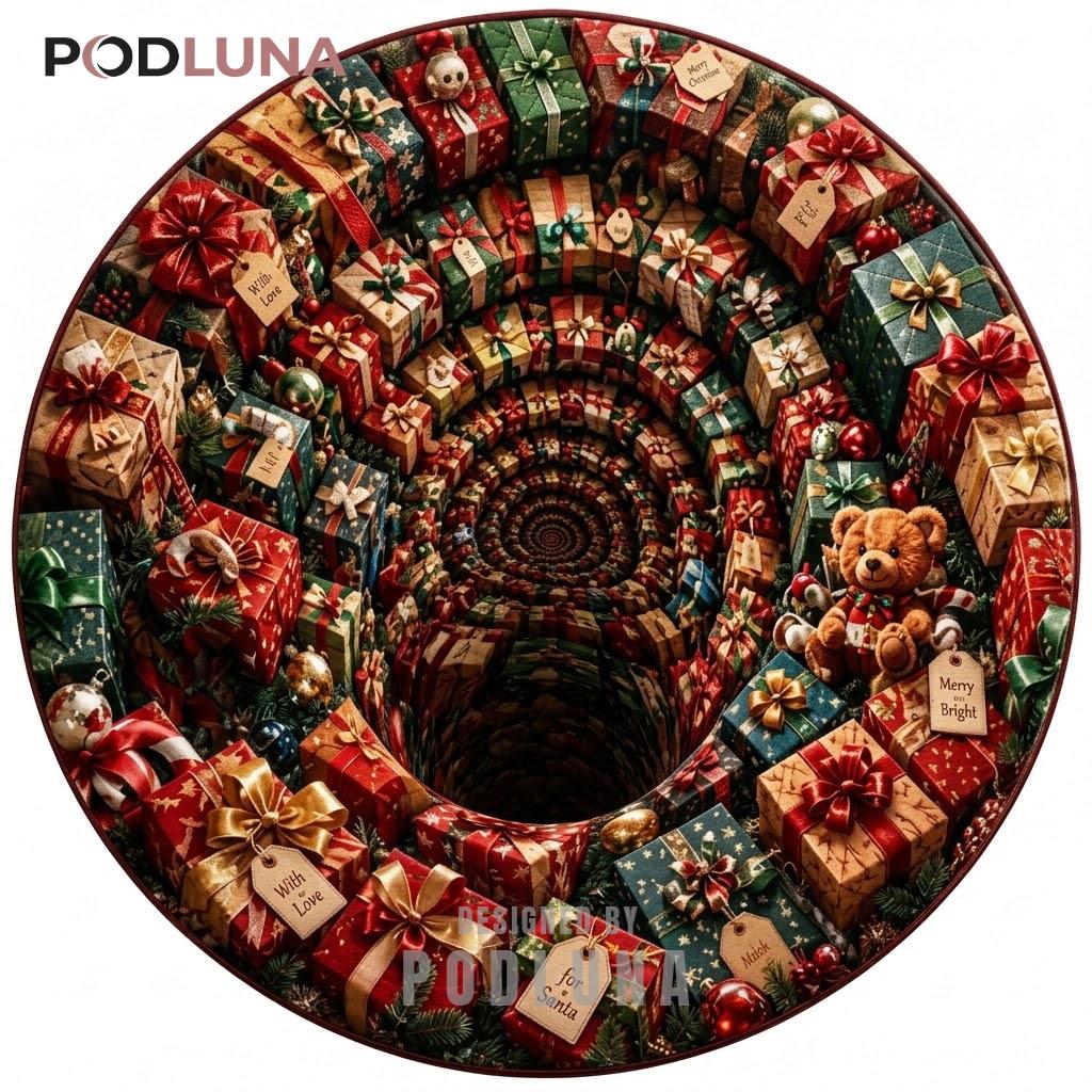 Present 3D Christmas Rug Gift Box Spiral Teddy Bear