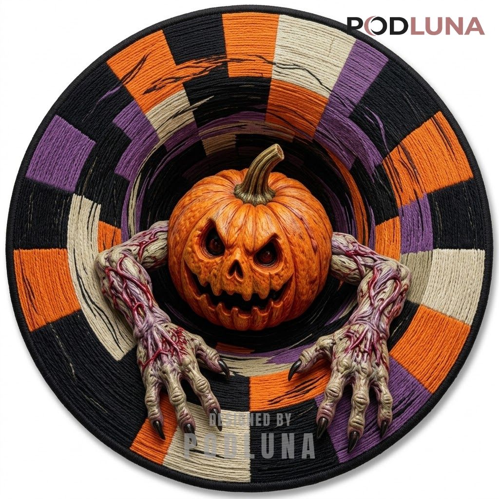 Pumpkin Head Halloween 3D Rug Clawed Hands Checkered Vortex 1