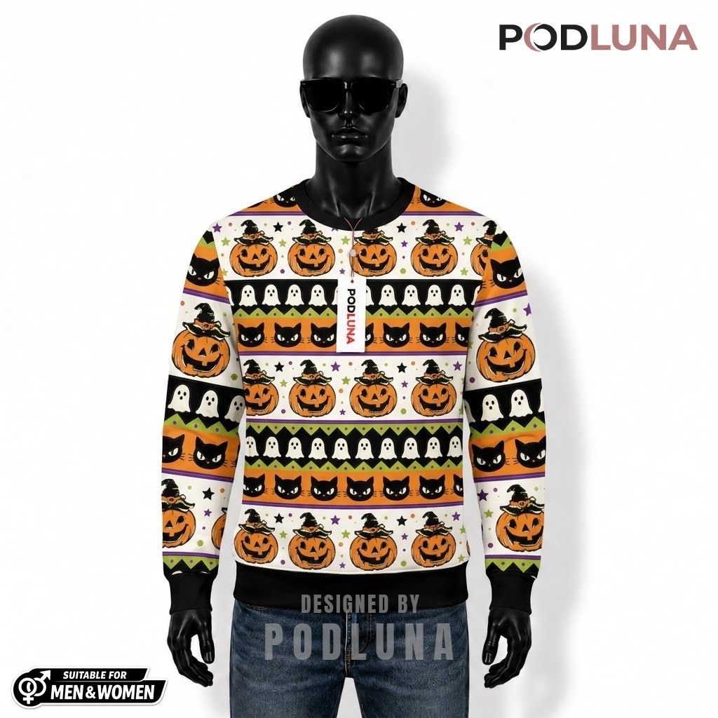 Pumpkin Ugly Halloween Sweater Black Cat Ghost Pattern Front