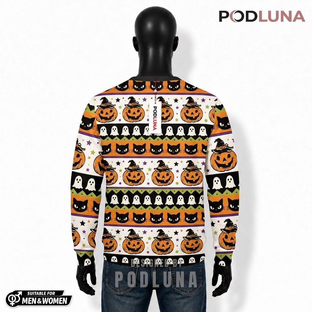 Pumpkin Ugly Halloween Sweater Black Cat Ghost Pattern Back Pumpkin Ugly Halloween Sweater Black Cat Ghost Pattern Back