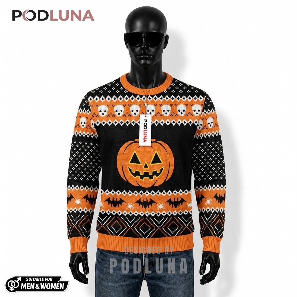 Pumpkin Ugly Halloween Sweater Skull Bat Diamond Print Front