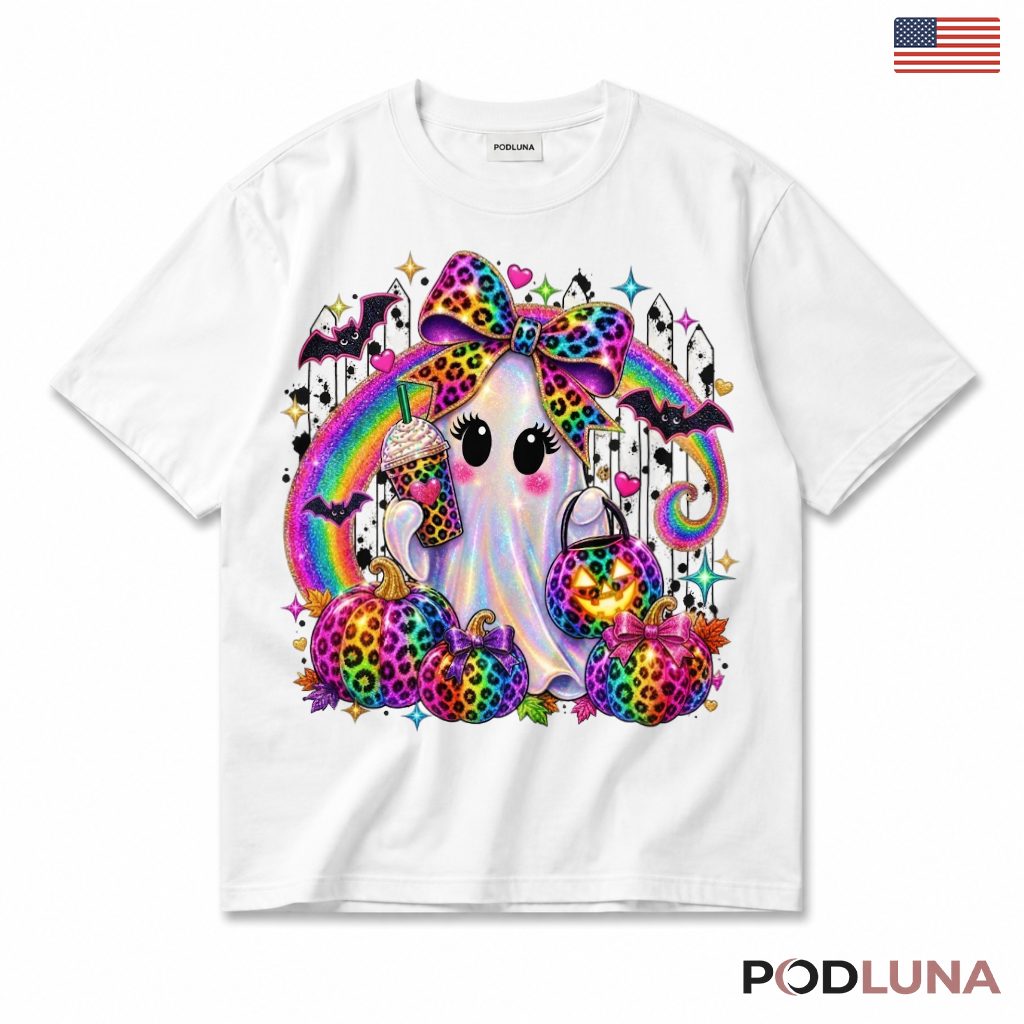 Rainbow Leopard Ghost Halloween T-Shirt Pumpkin Bow