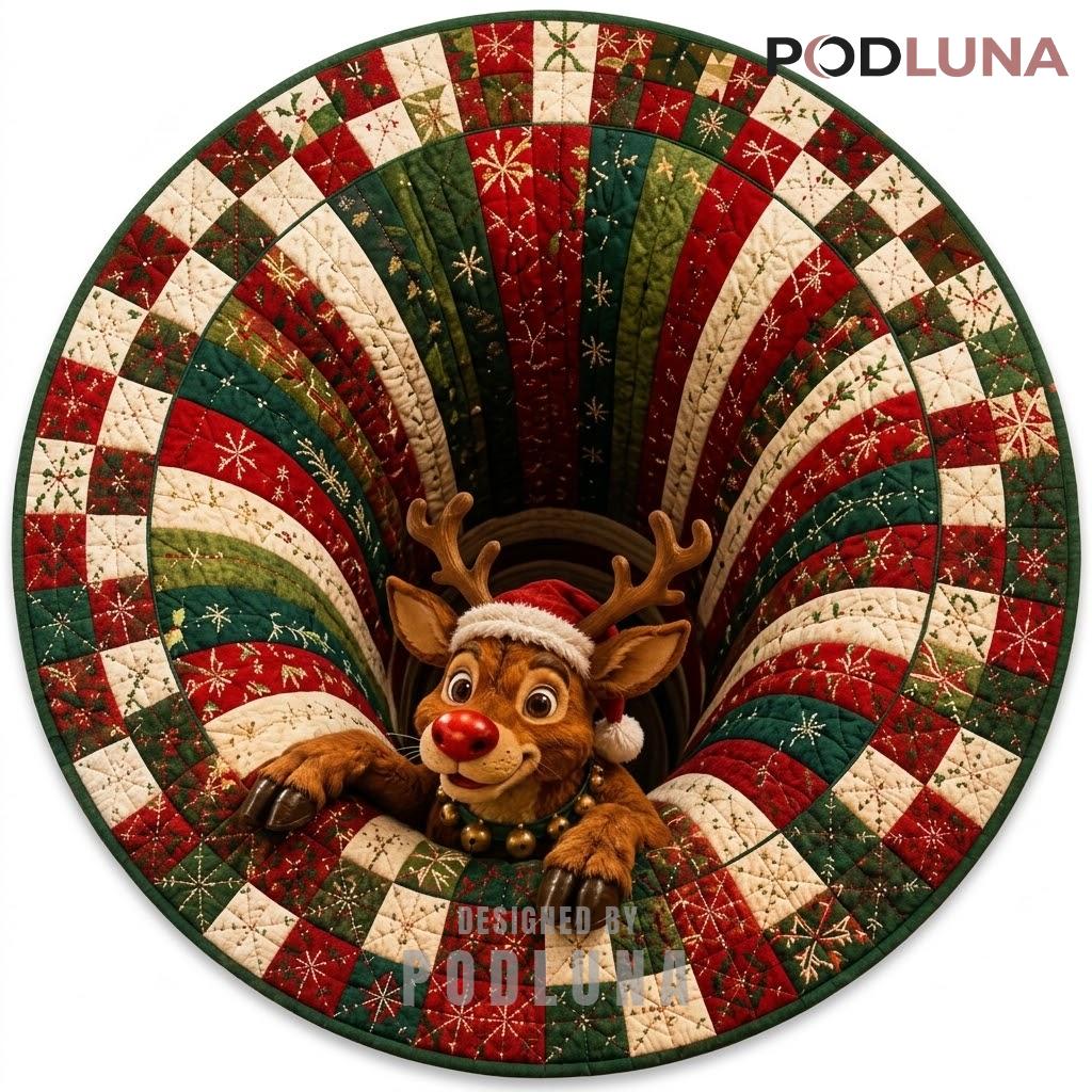 Rudolph 3D Christmas Rug Bell Collar Patchwork Sleigh Peek