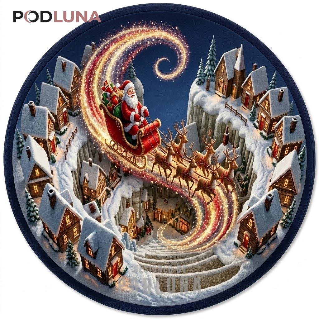 Santa 3D Christmas Rug Golden Swirl Sleigh Twilight Village