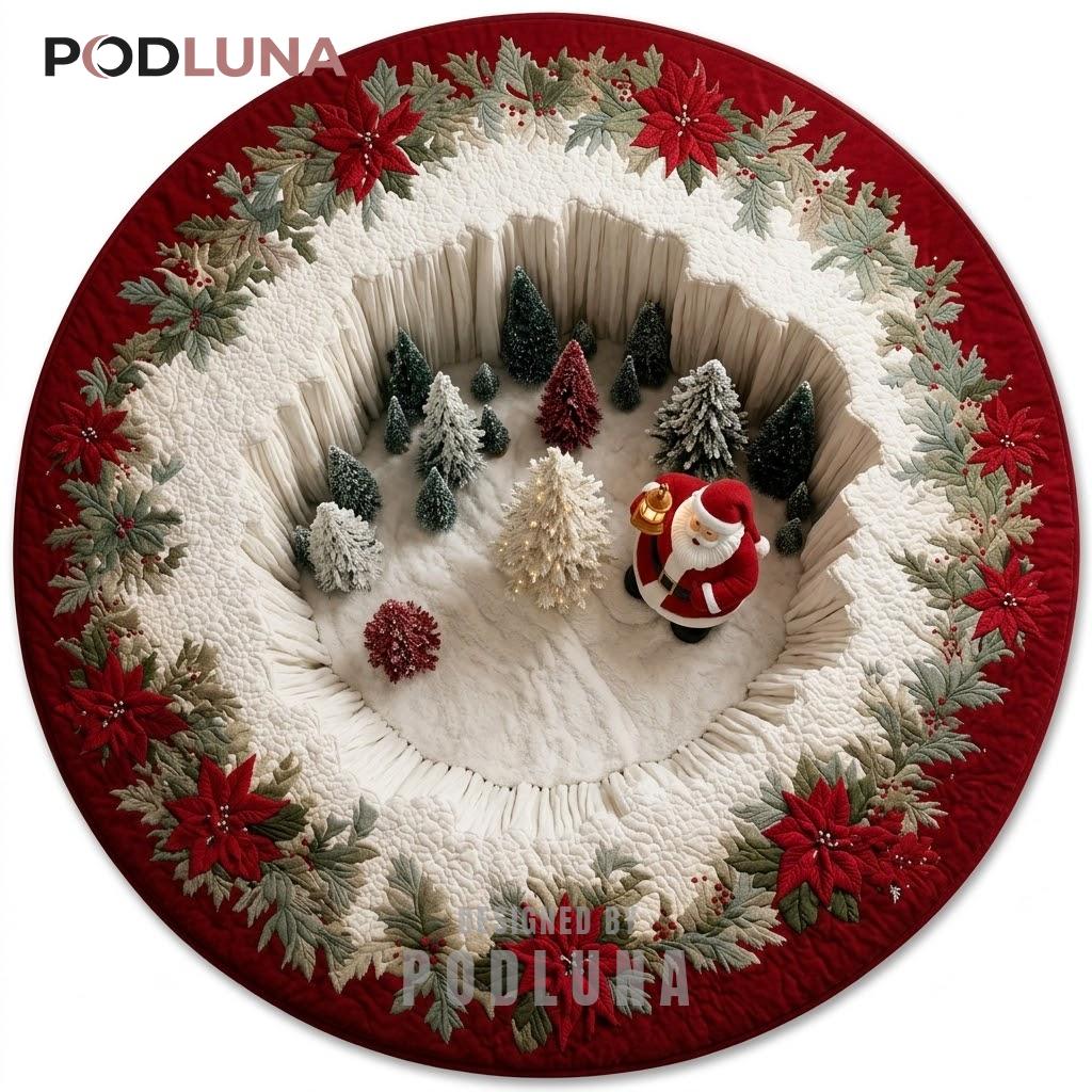 Santa 3D Christmas Rug Poinsettia Frosted Pine Grove