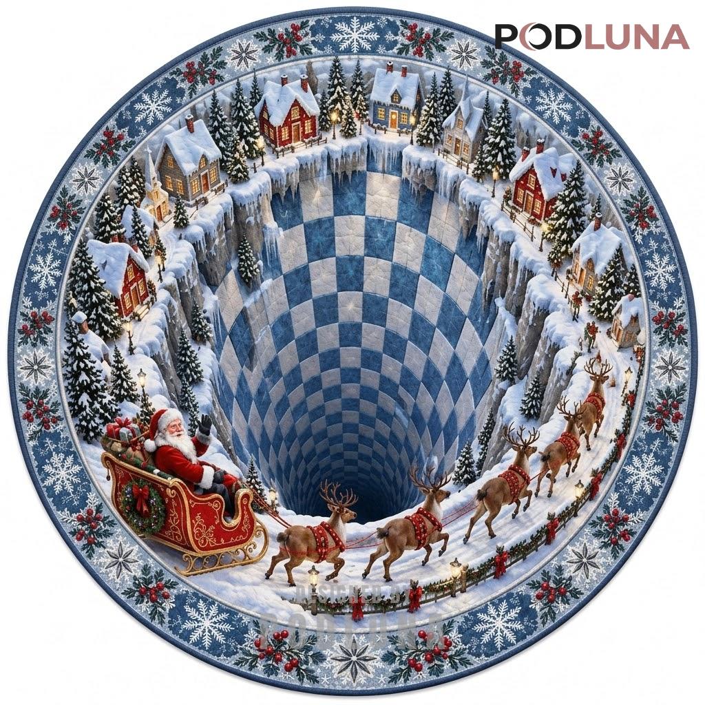 Santa 3D Christmas Rug Sleigh Reindeer Blue Village