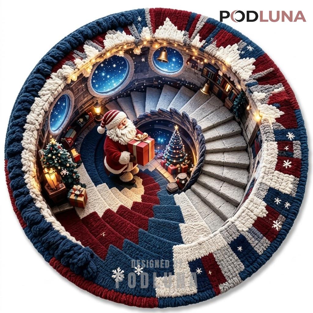Santa Claus 3D Christmas Rug Starlit Window Spiral Staircase