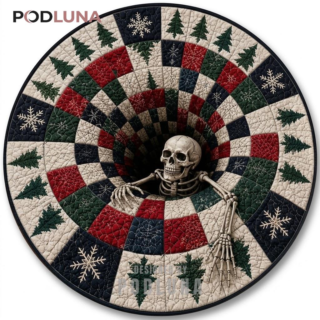 Skeleton 3D Christmas Rug Navy Checkered Pine Portal